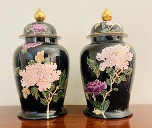 Pair Of Fitz & Floyd Cloisonne Peony Lidded Vases