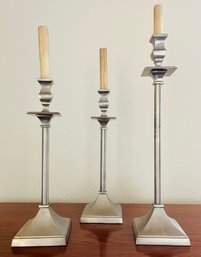 Trio Of Brushed Steel Candle Holders