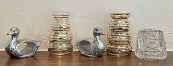 Small Banded Candle Holders And Metal Duck Napkin Holders