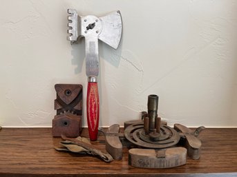 Vintage Meat Tenderizer, Wooden Loom And Hat Iron