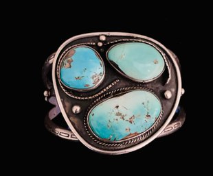 Navajo Hoskie Nez Signed Turquoise Sterling Silver Cuff Bracelet