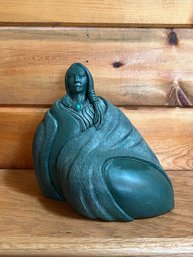 Green Metal Sculpture Of Native American Woman Signed By Artist