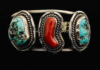 Old Pawn Turquoise And Coral Sterling Silver Cuff Bracelet