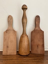 Antique Wooden Hand Masher And Wooden Butter Spatulas