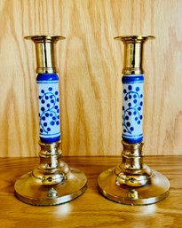 Pair Of Vintage Brass & Porcelain Candleholders