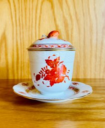 Chinese Bouquet Rust By  Herend Hungary Jam/jelly & Lid With Attached Under Plate