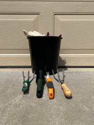 Bucket Of Assorted Gardening Tools, Gloves, Hand Shovels And More.