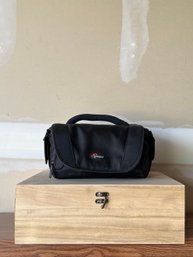 Wooden Box With Lowepro Camera Bag
