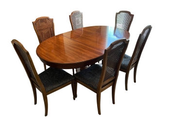 Vintage Wooden Oval Dining Table With 6 Rattan Back Chairs