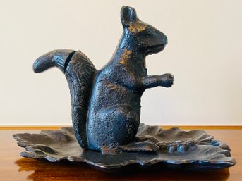 Vintage Black Cast Iron Nutcracker Squirrel On Leaf Tray