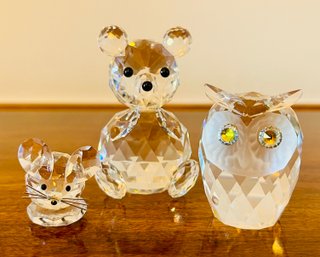 Trio Of Swarovski Crystal Figurines Including Owl, Bear & Mouse