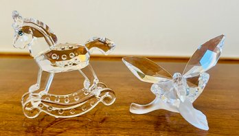 Pair Of Swarovski Figurines Including Rocking Horse & Butterfly On Leaf