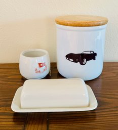 Lot Of Ceramic Car Cookie Jar, Butter Dish, And Mug