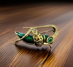 Vintage Christian Dior Grasshopper, Gold Tone And Green, Enamel Brooch Pin