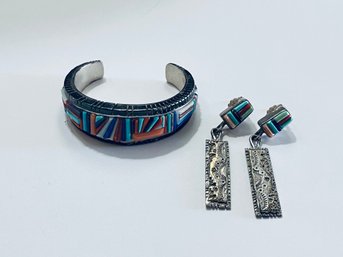 David Tune Navajo Signed Multi Stone Inlay Cuff Bracelet With Earrings