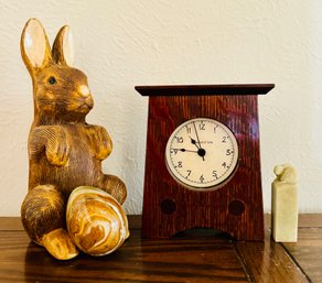 Decorative Wood Carved Bunny, Table Top Classic Clock, Onyx Egg, And Bunny Stone Stamp