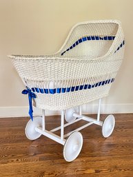 Vintage White Wicker Baby Bassinet On Wheels