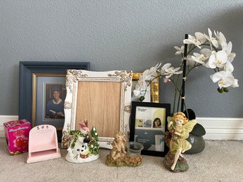 Various Home Decor Including Frames, Faux Orchid Plant And Small Figurines