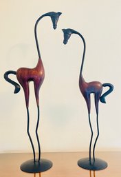 2 Metal And Wood Giraffe Figurines