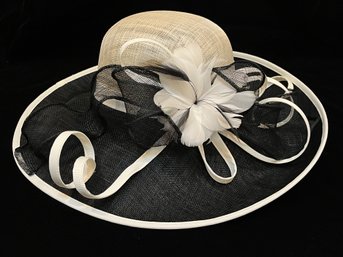 Nordstrom Black And Cream Straw Hat With Feathers