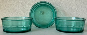 Trio Of Acroroc France Turquoise Aqua Glass Bowls