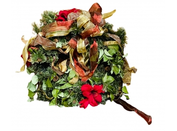 Christmas Wreath With Poinsettia And Ribbon