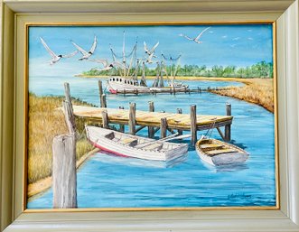 Framed Anchored Boats Oil Painting