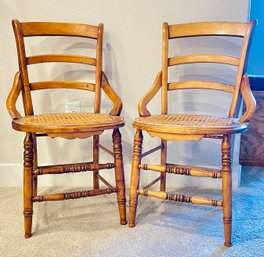 Pair Of Vintage Wooden Round Bottom Cane Chairs