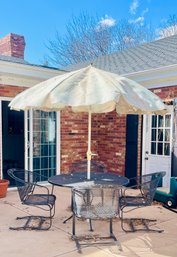 Outdoor Wrought Iron Round Table & Chairs With Umbrella