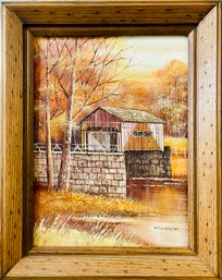 Vintage Covered Bridge Landscape Framed Oil Painting By K. Michaelson
