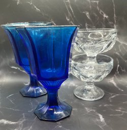 Cobalt Blue Octagonal Water Glass By Independence & Pair Of Dessert Cups