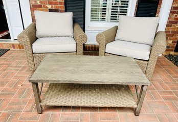 Duo Of Allen And Roth Emerald Cove Patio Furniture Glider Conversation Chairs With Coffee Table