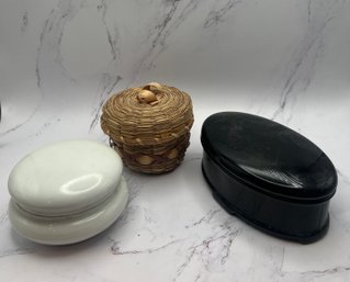 Trio Of Small Lidded Jars And Baskets