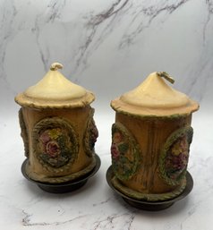 Molded And Decorated Candles On Brass Candle Cups