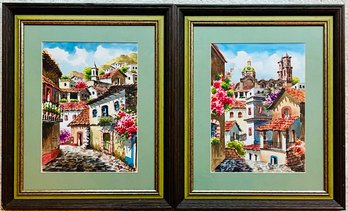 Duo Of Old Town Watercolor Scenes Signed By Artist