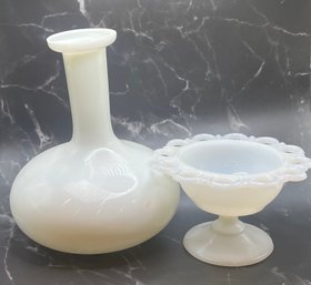 Milk Glass Footed Candy Dish And Vase