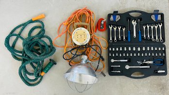 3 PC Lot Including Garden Hose, Hanging Light With Cord & Tool Set
