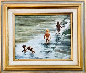 M. Hayton Children Playing On Water Oil Painting On Canvas