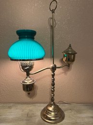 Hunter Green Student Lamp - Vintage Electric Desk Light With Ribbed Green Cased Milk Glass Shade