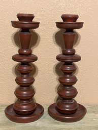 Pair Of Wooden Spindle Candlesticks