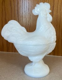 Lidded Rooster Milk-Glass Bowl