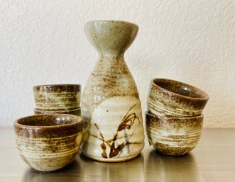 Handmade Glazed Clay Sake Set, Cups And Carafe