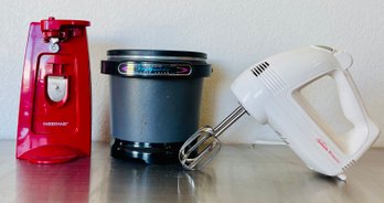 Trio Of Vintage Kitchenwares Including A Farberware Can Opener, A Presto Deep Frier & Sunbeam Mixmaster