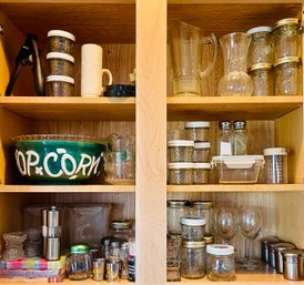 Large Lot Of Kitchen Essentials Including Mason Jars, Pitchers, Popcorn Bowl & More