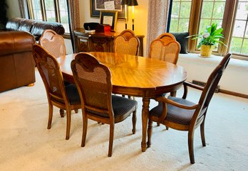 Vintage Thomasville Parquetry Dining Table With Cane Back Dining Chairs
