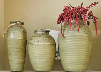 Trio Of Vases, One With Faux Greenery