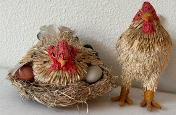 Pair Of Hand Crafted Hen & Rooster Decor