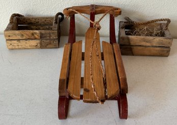 Old Fashioned Sled & Small Wood Back To Basic Crates W/ Handles Decor