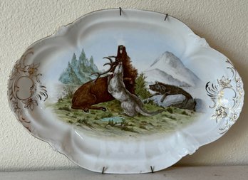 Vintage Hand Painted Elk Serving Platter W/ Plate Hanger