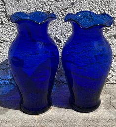 Pair Of Petite Blue Glass Vases